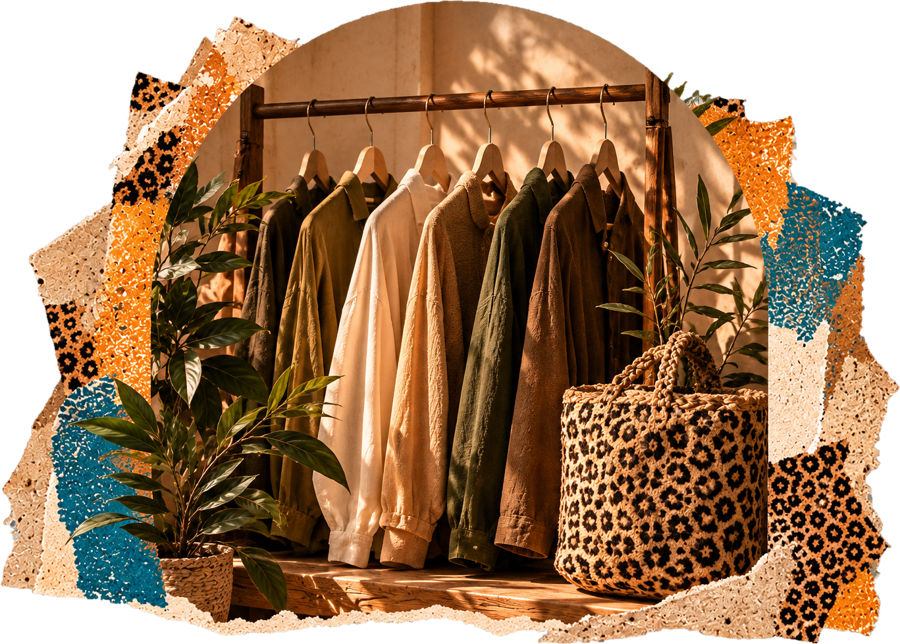 Clothing rack with shirts and a leopard print bag